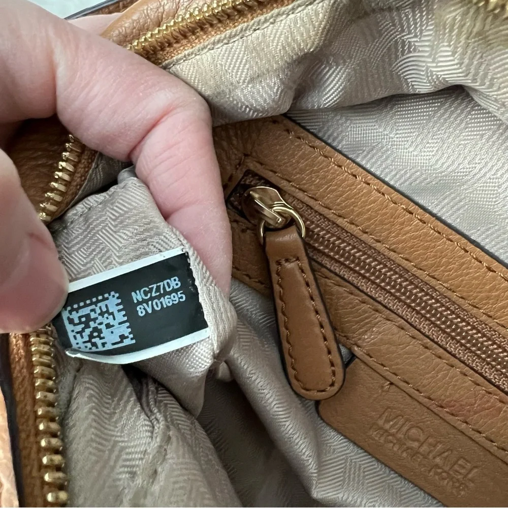 MICHAEL KORS Luka Small Satchel in Acorn Brown with top handle and crossbody